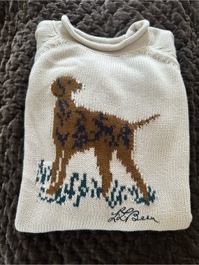 L.L. Bean Cream Knit Dog Sweater with Brown and Blue Dog Motif size L-14-16